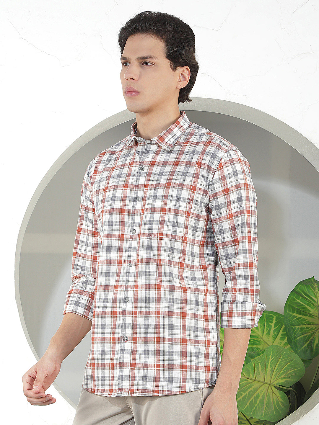 RUST CHECKED SLIM-FIT CASUAL SHIRT