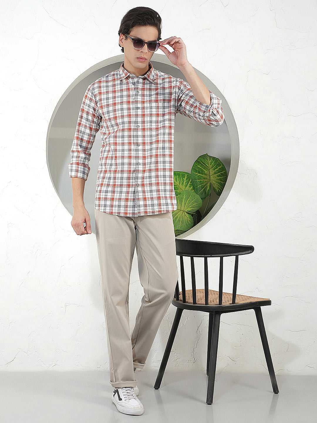 RUST CHECKED SLIM-FIT CASUAL SHIRT