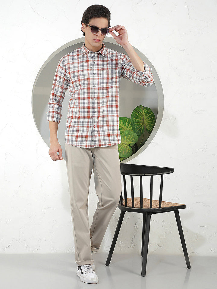 RUST CHECKED SLIM-FIT CASUAL SHIRT