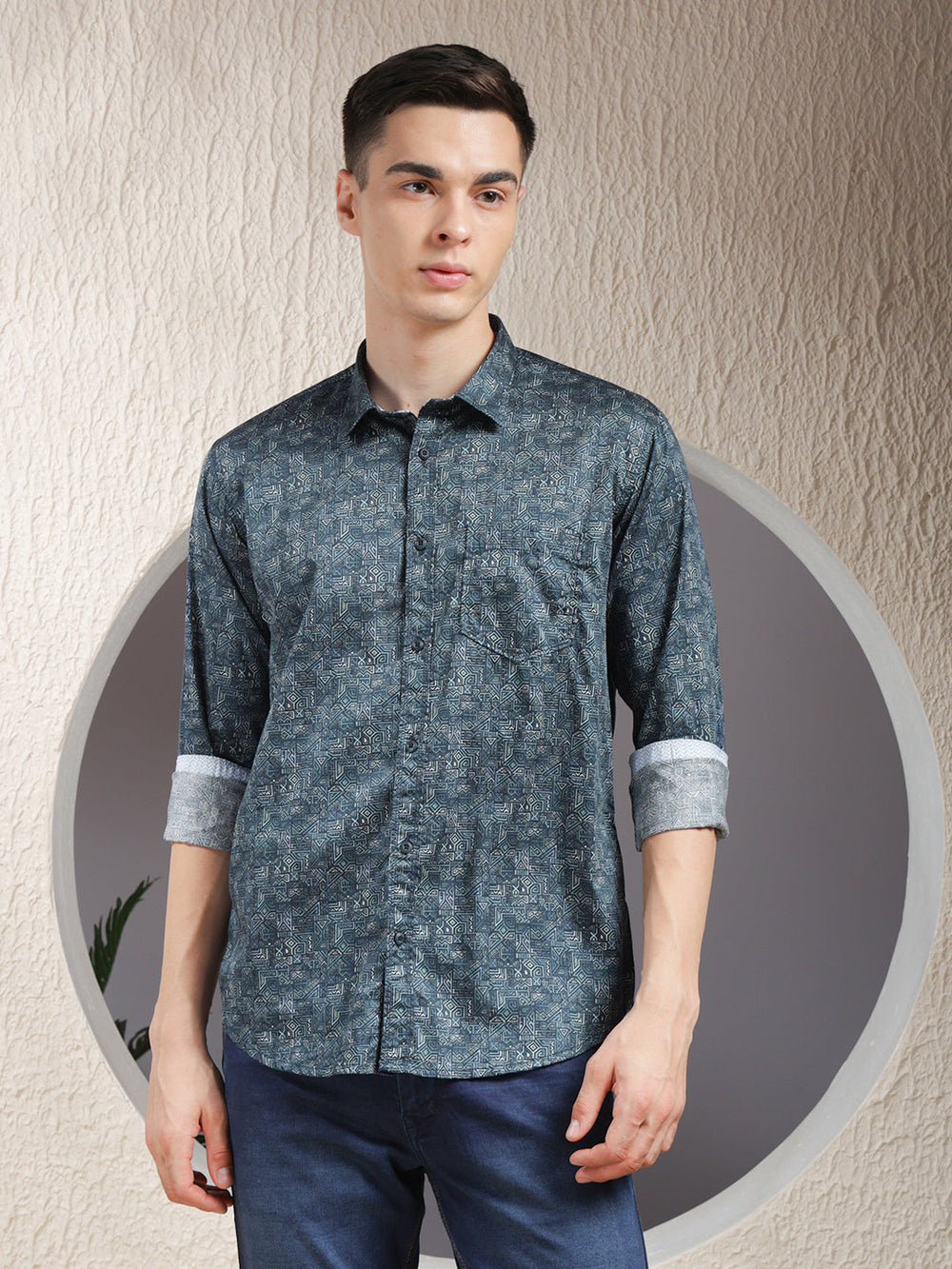 cobb teal blue printed slim-fit casual shirt