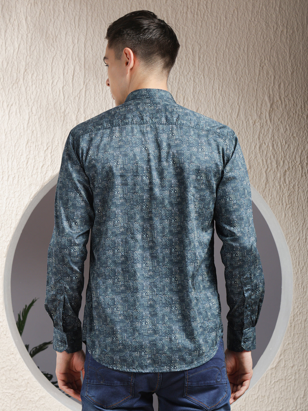 cobb teal blue printed slim-fit casual shirt