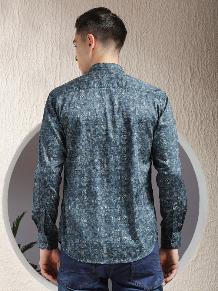 cobb teal blue printed slim-fit casual shirt