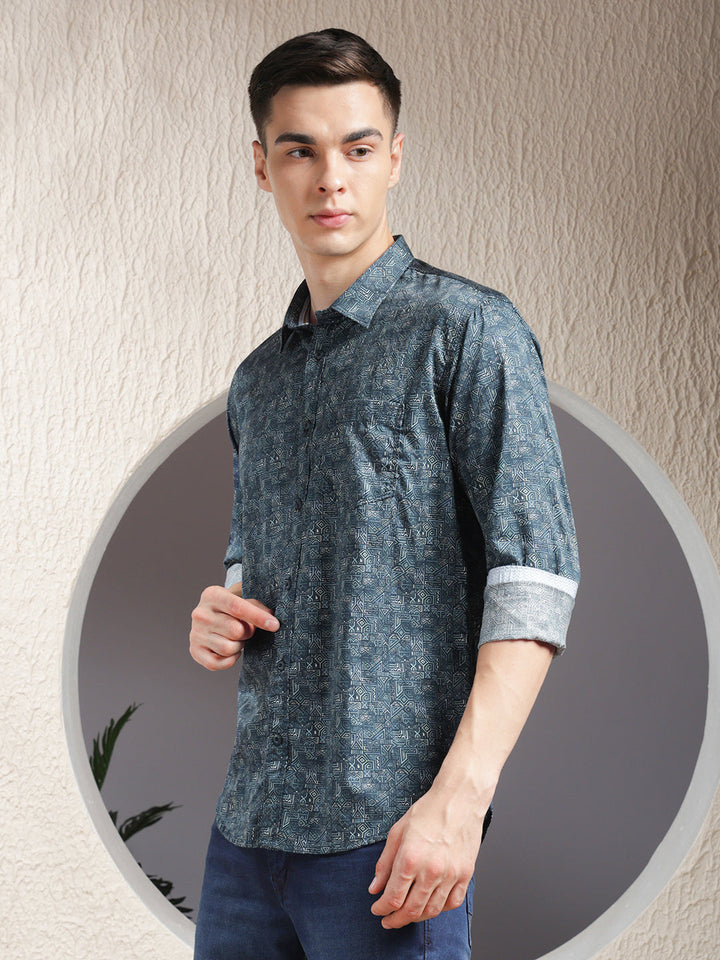 COBB TEAL BLUE PRINTED SLIM-FIT CASUAL SHIRT