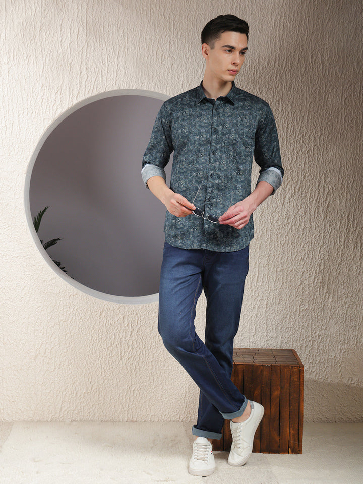 COBB TEAL BLUE PRINTED SLIM-FIT CASUAL SHIRT