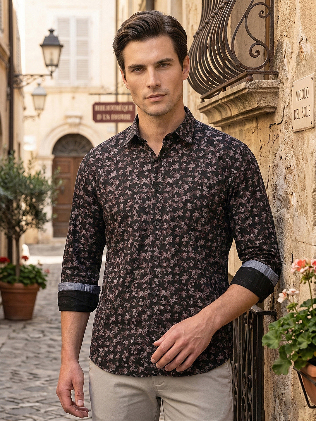 cobb black printed slim-fit casual shirt