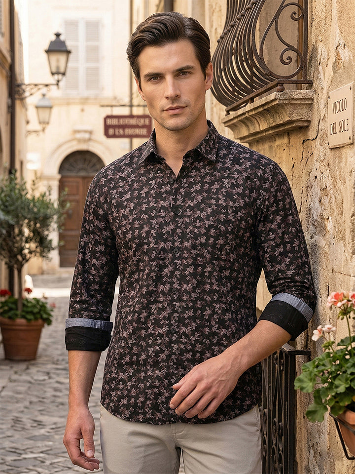 cobb black printed slim-fit casual shirt