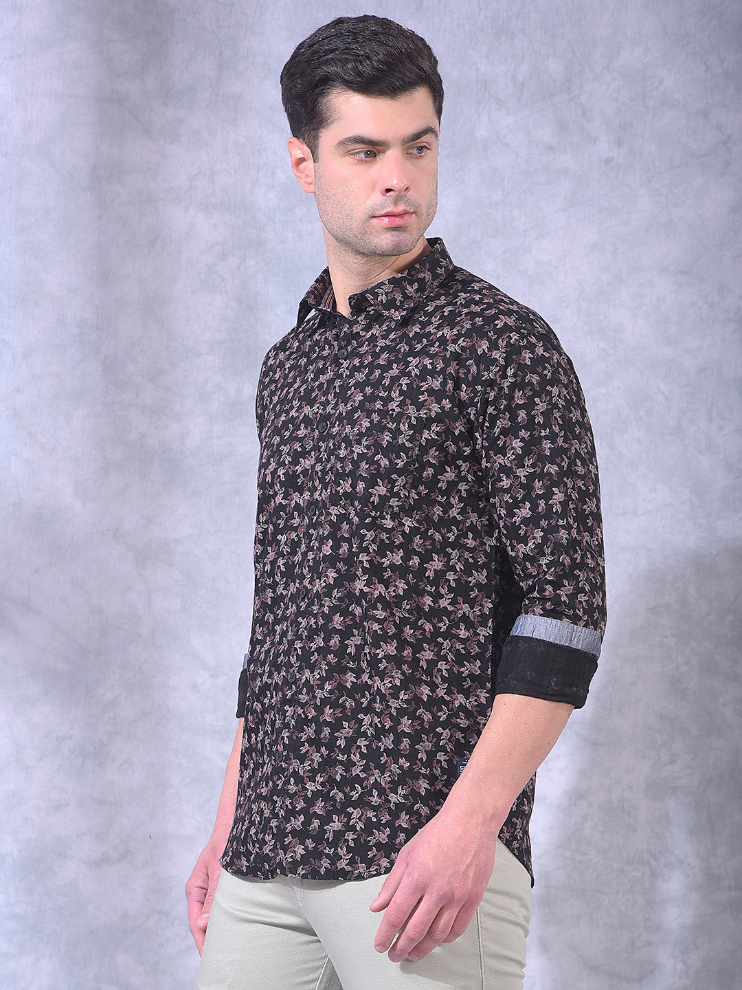 cobb black printed slim-fit casual shirt