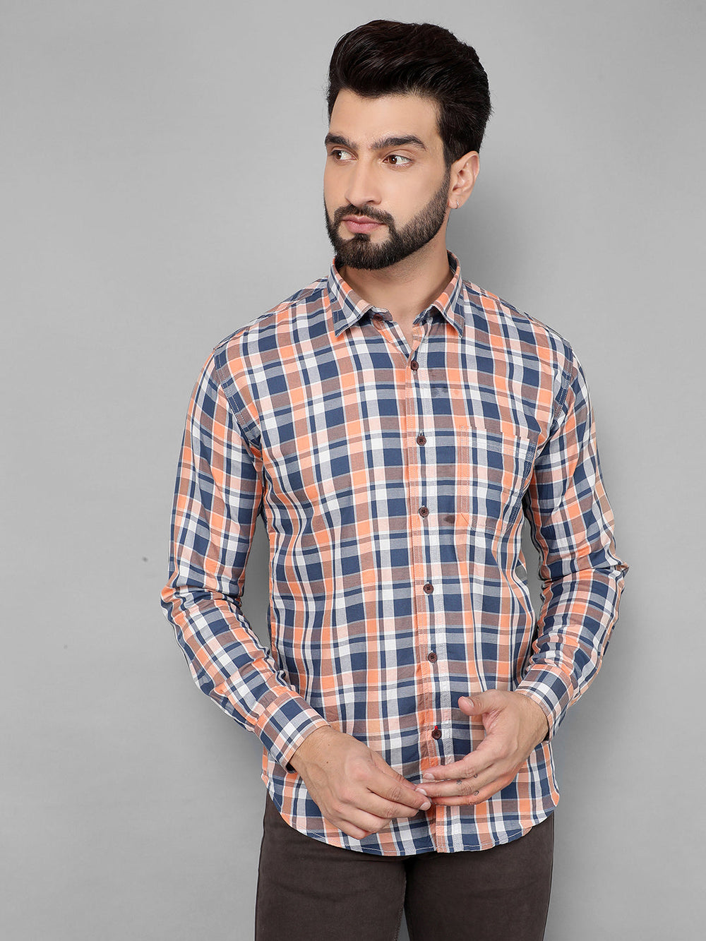 cobb orange checked slim-fit casual shirt