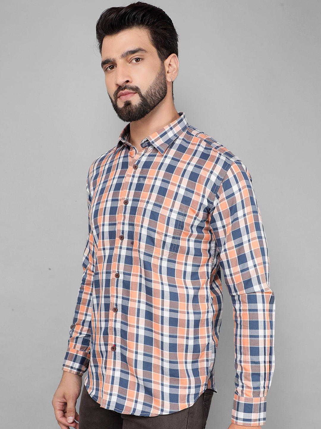 cobb orange checked slim-fit casual shirt