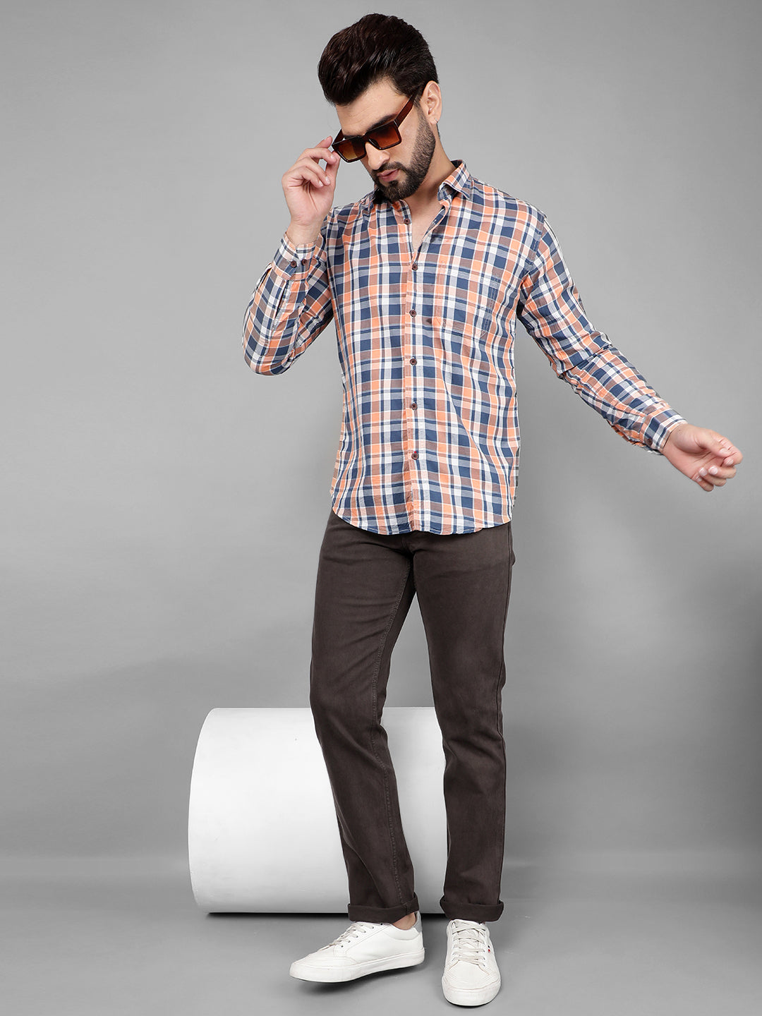 COBB ORANGE CHECKED SLIM-FIT CASUAL SHIRT