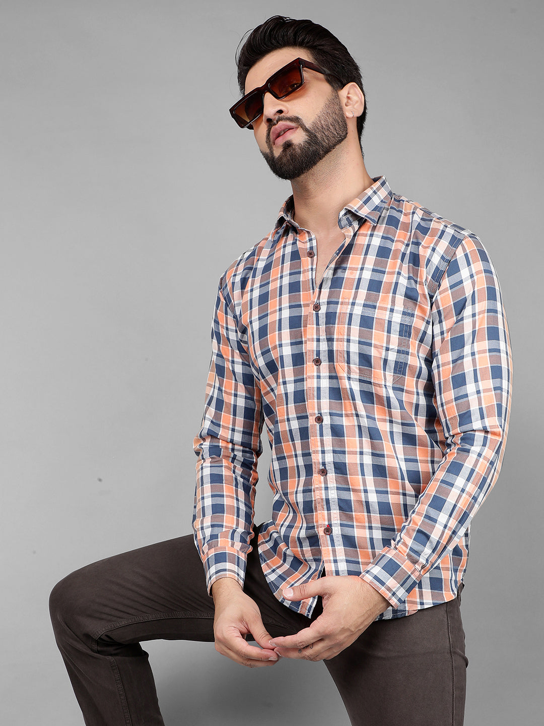 COBB ORANGE CHECKED SLIM-FIT CASUAL SHIRT