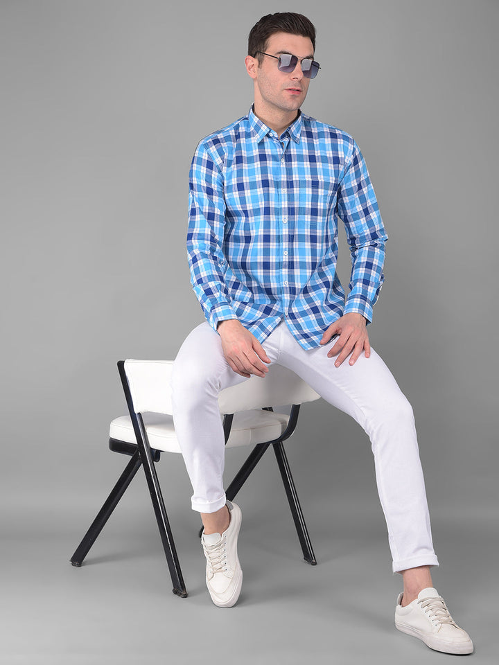 cobb blue checked slim fit casual shirt