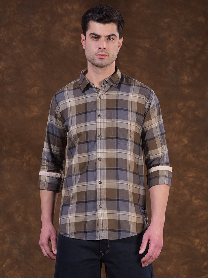 cobb brown checked slim-fit casual shirt