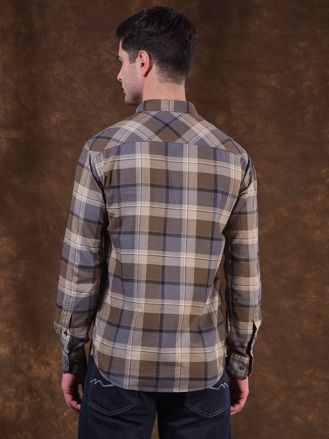 cobb brown checked slim-fit casual shirt