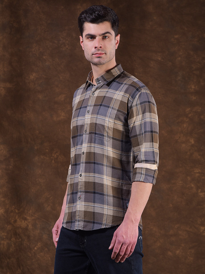 cobb brown checked slim-fit casual shirt