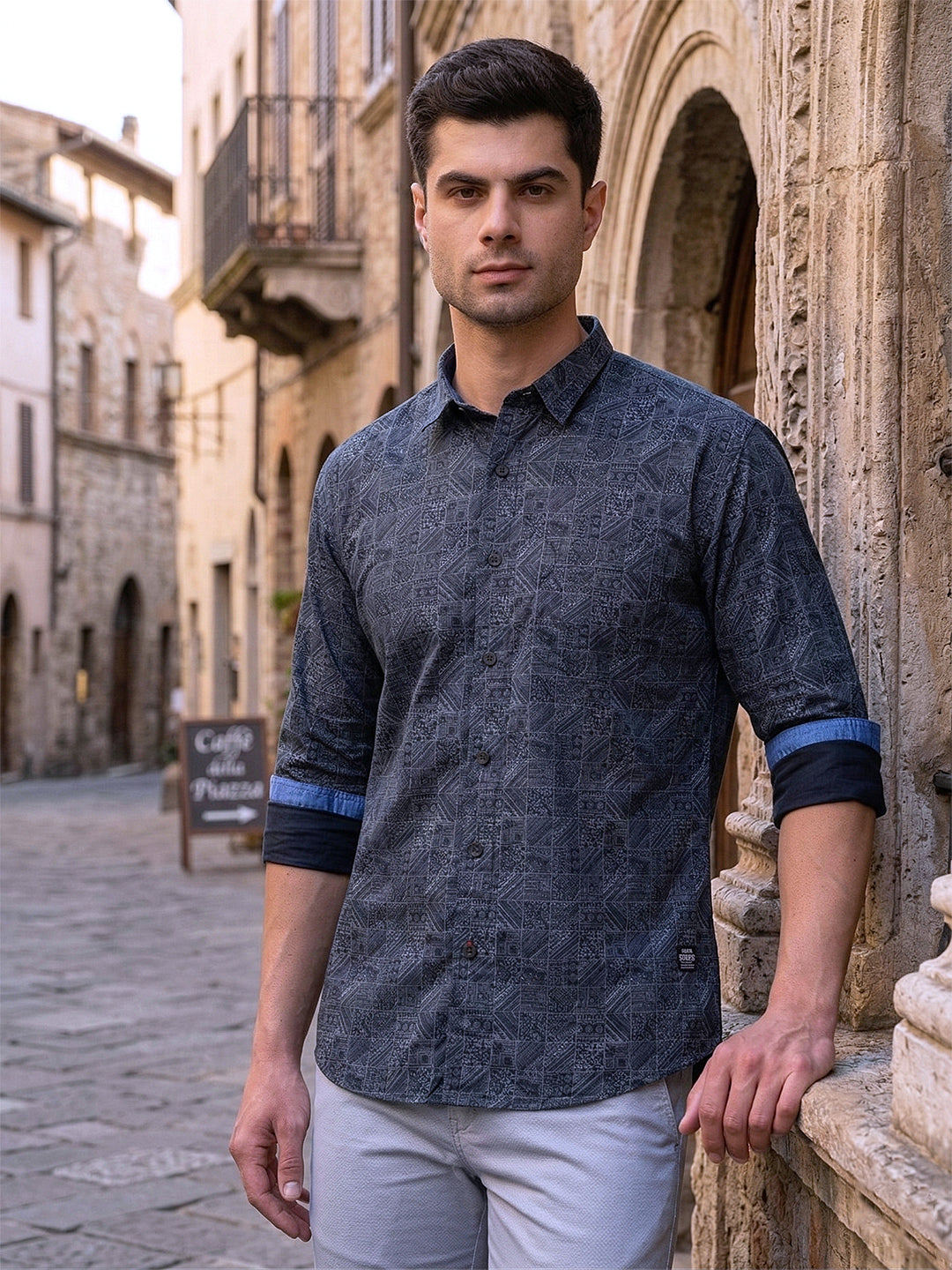 cobb navy blue printed slim-fit casual shirt