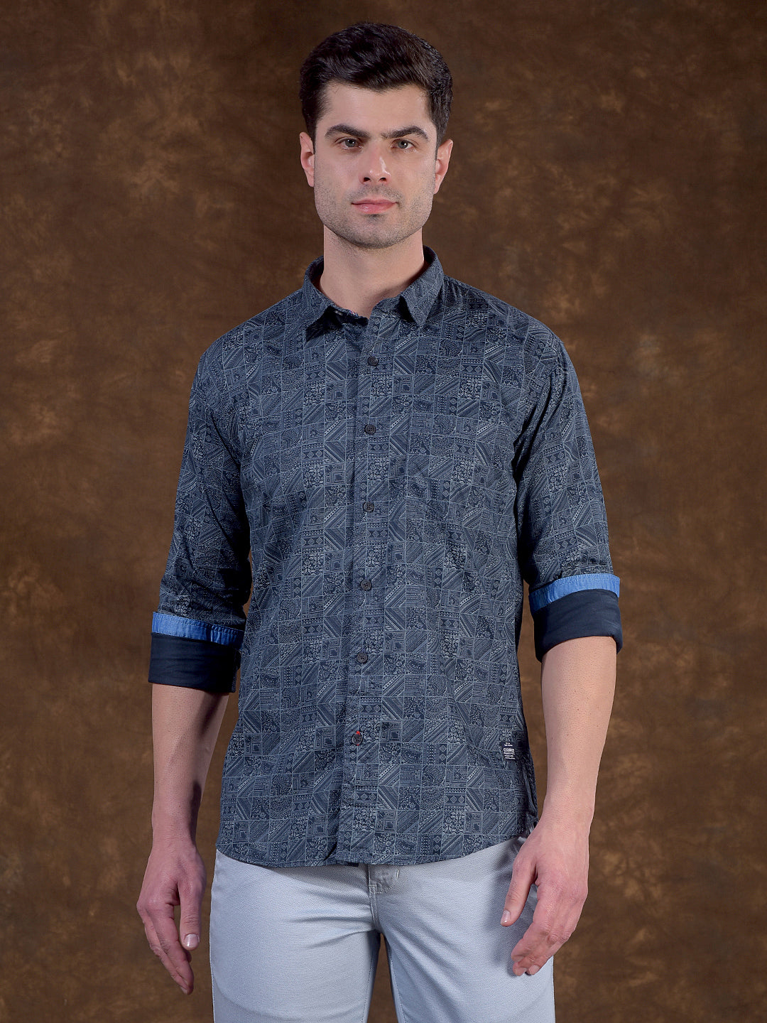 cobb navy blue printed slim-fit casual shirt