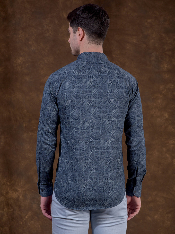 cobb navy blue printed slim-fit casual shirt
