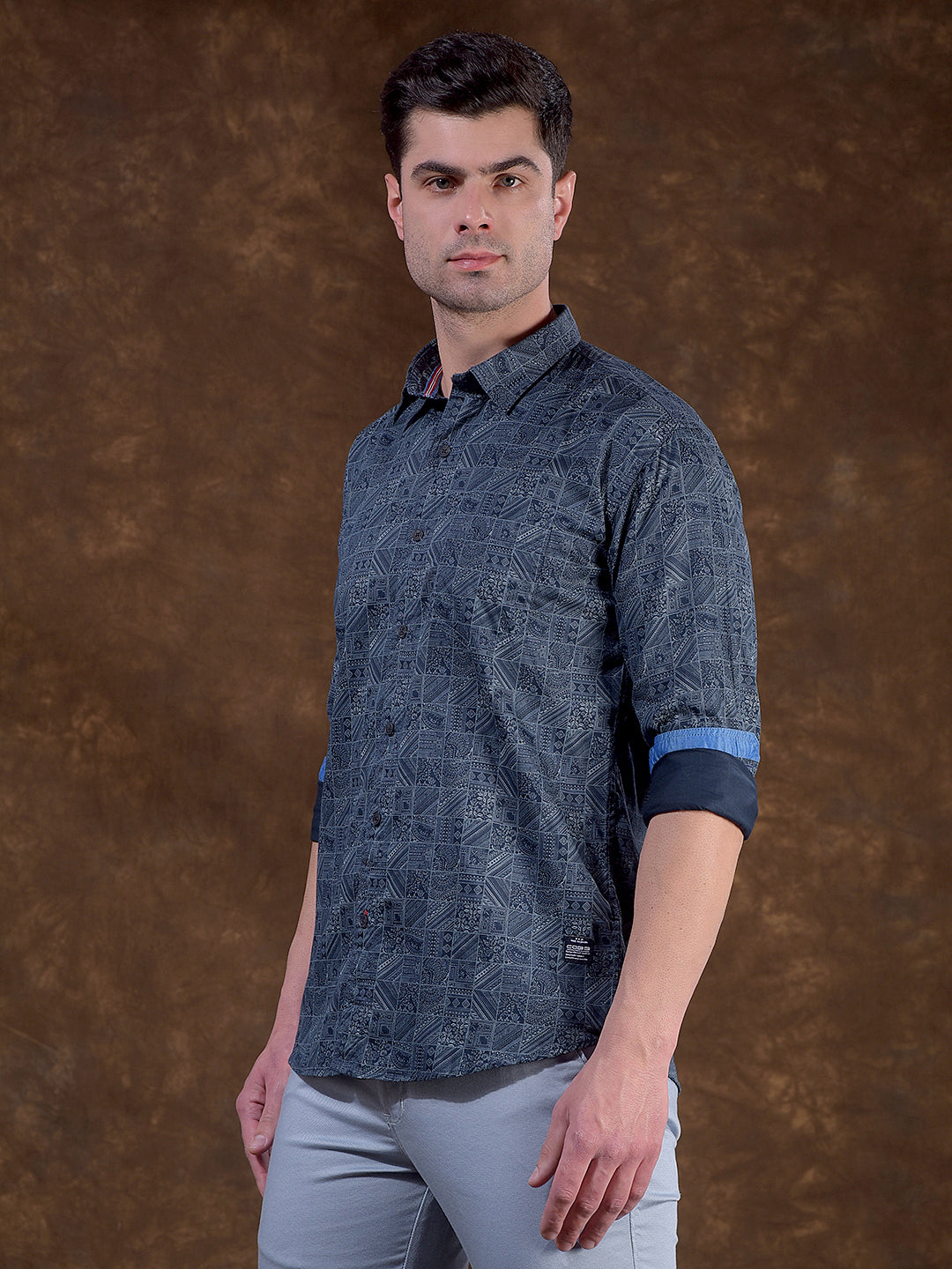cobb navy blue printed slim-fit casual shirt