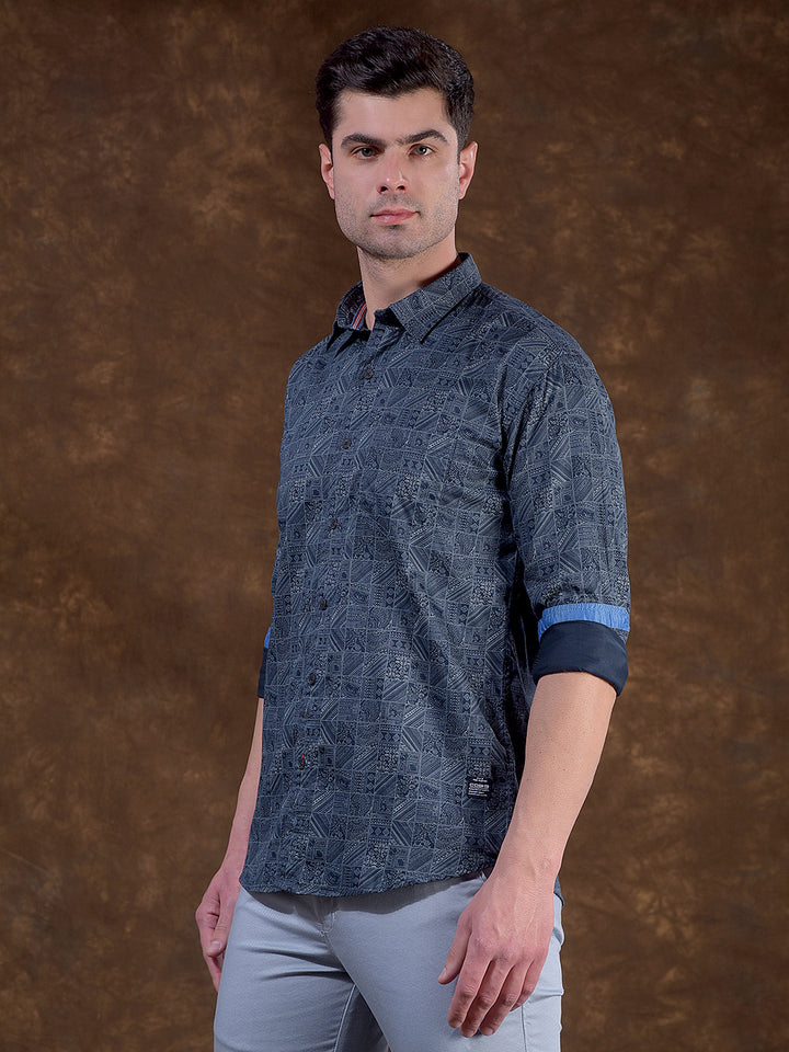 cobb navy blue printed slim-fit casual shirt