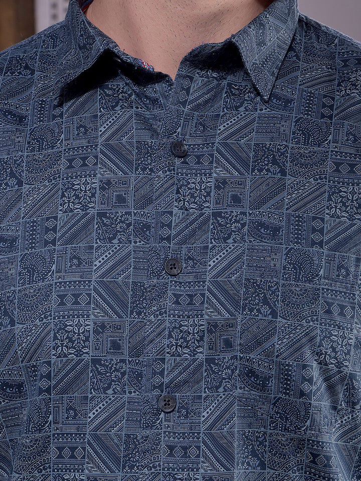 COBB NAVY BLUE PRINTED SLIM-FIT CASUAL SHIRT