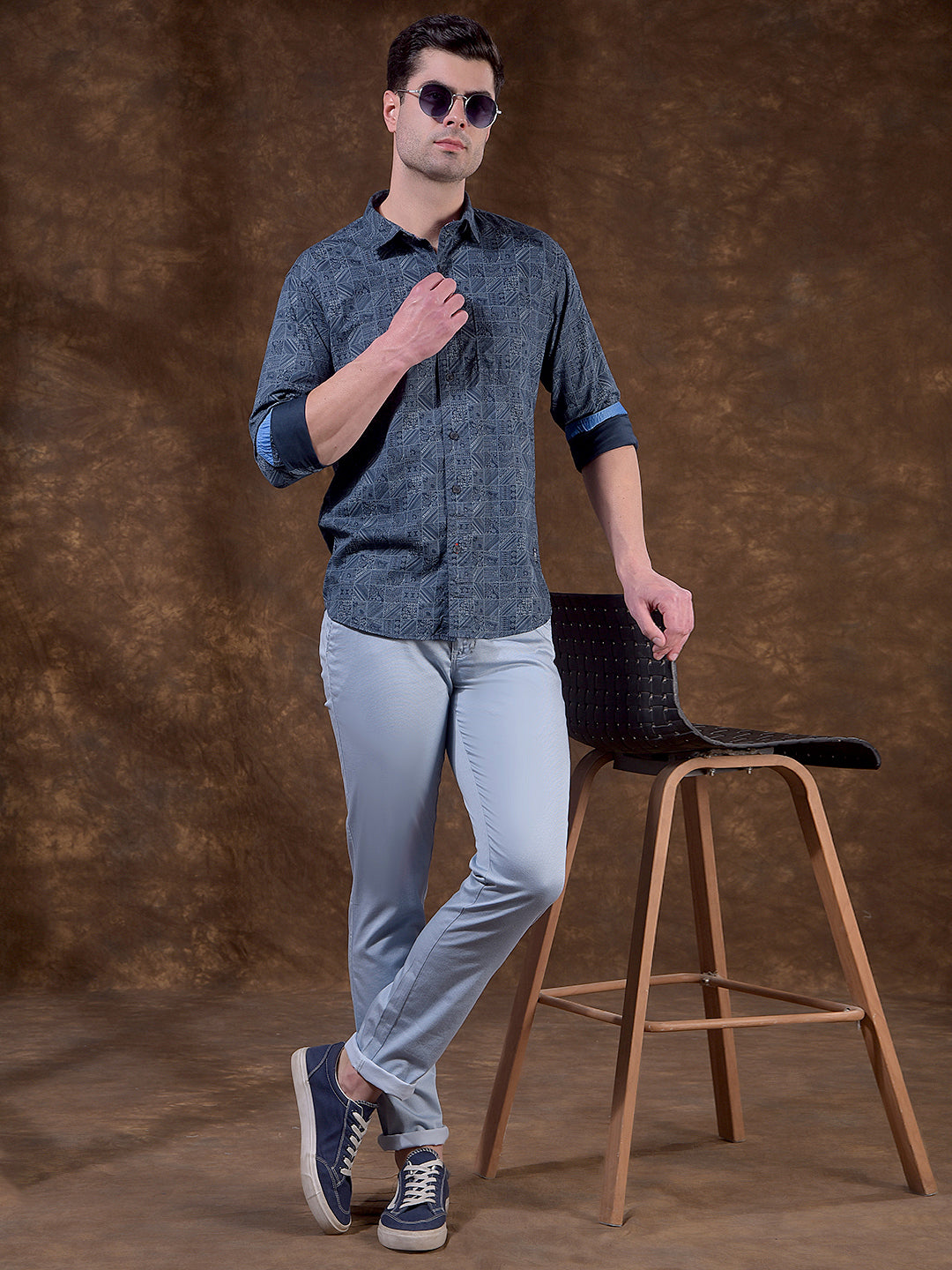 COBB NAVY BLUE PRINTED SLIM-FIT CASUAL SHIRT