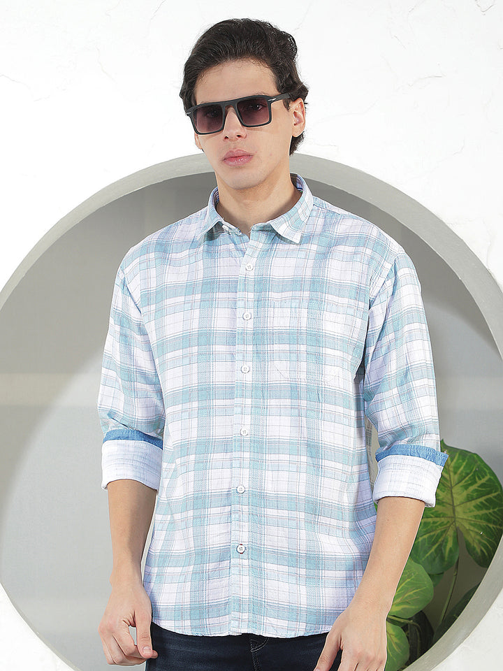 sea green checked slim-fit casual shirt