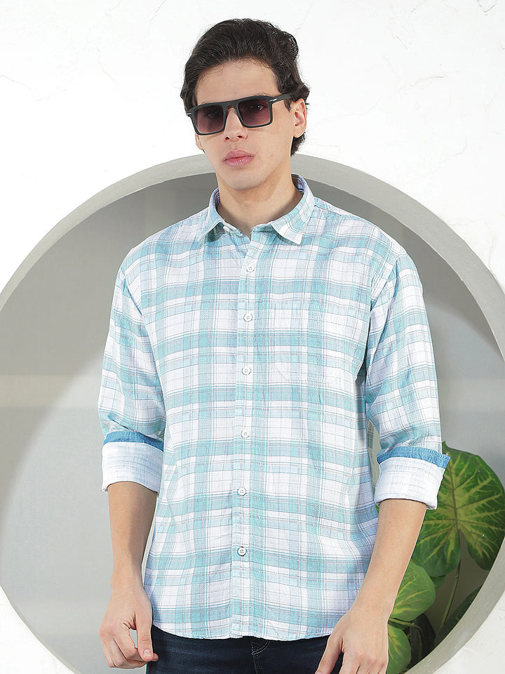 SEA GREEN CHECKED SLIM-FIT CASUAL SHIRT
