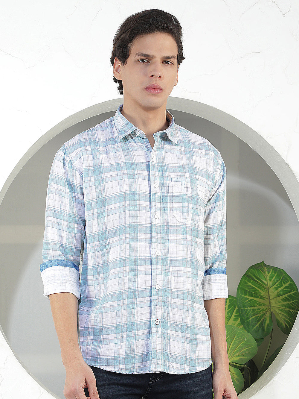 sea green checked slim-fit casual shirt