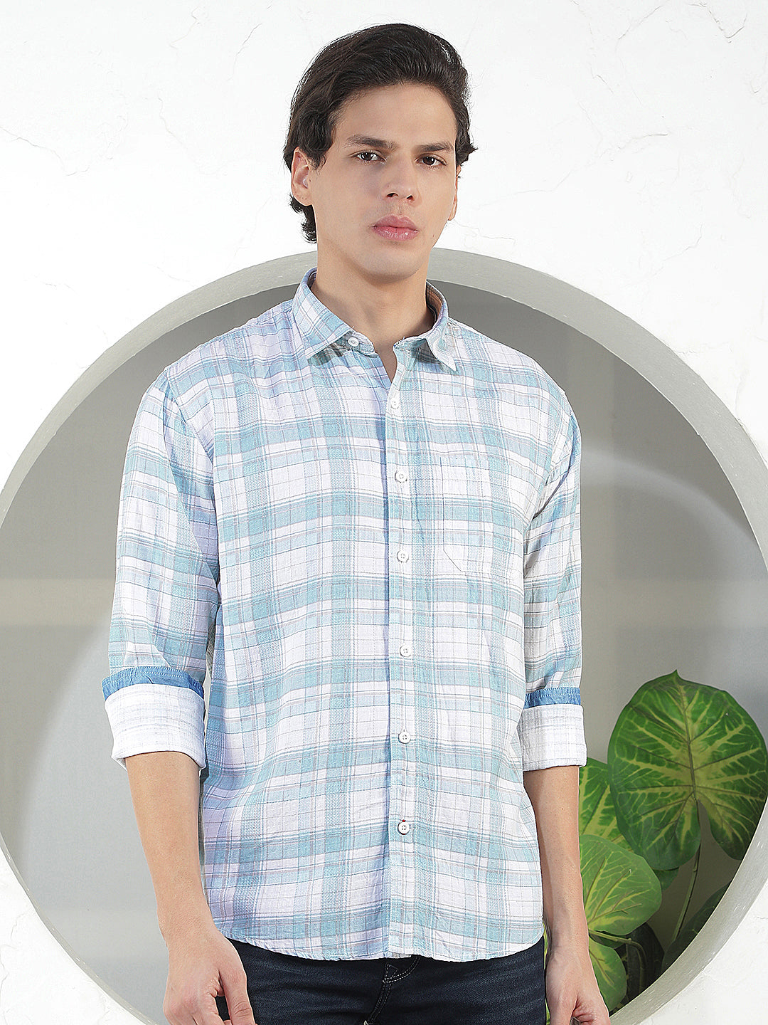 sea green checked slim-fit casual shirt