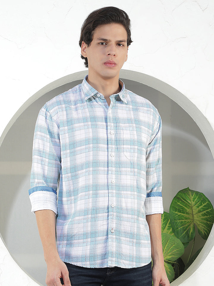 sea green checked slim-fit casual shirt