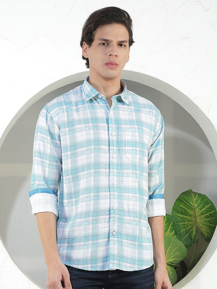 SEA GREEN CHECKED SLIM-FIT CASUAL SHIRT