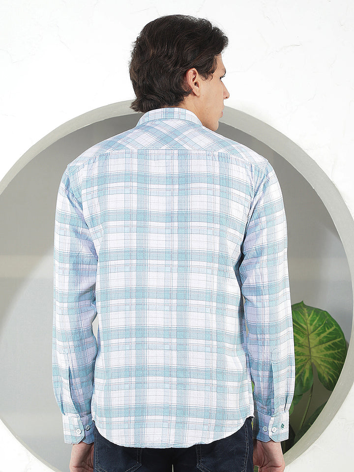 sea green checked slim-fit casual shirt