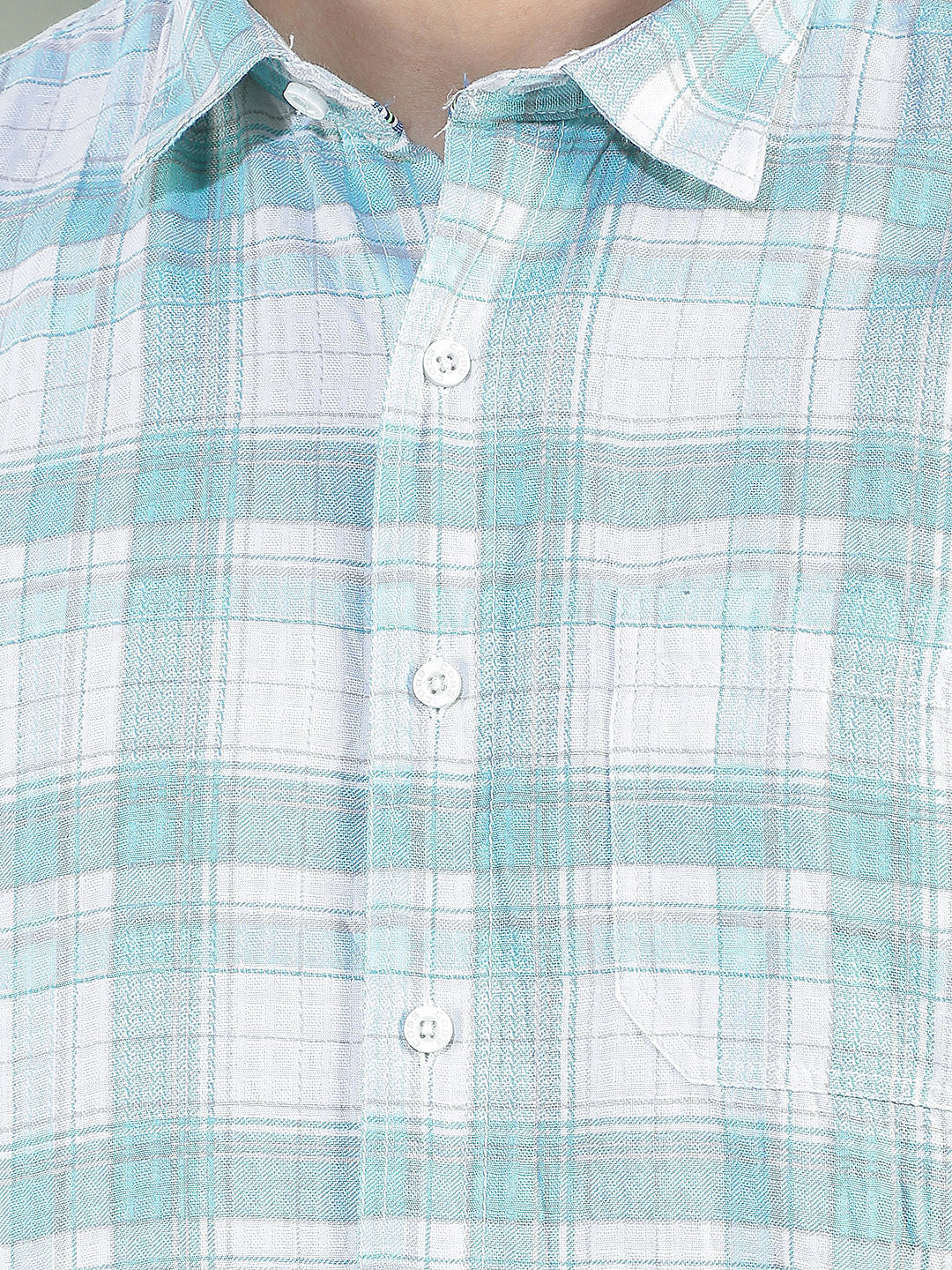 SEA GREEN CHECKED SLIM-FIT CASUAL SHIRT
