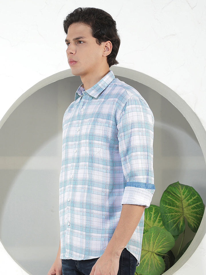 sea green checked slim-fit casual shirt