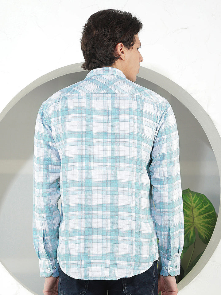 SEA GREEN CHECKED SLIM-FIT CASUAL SHIRT