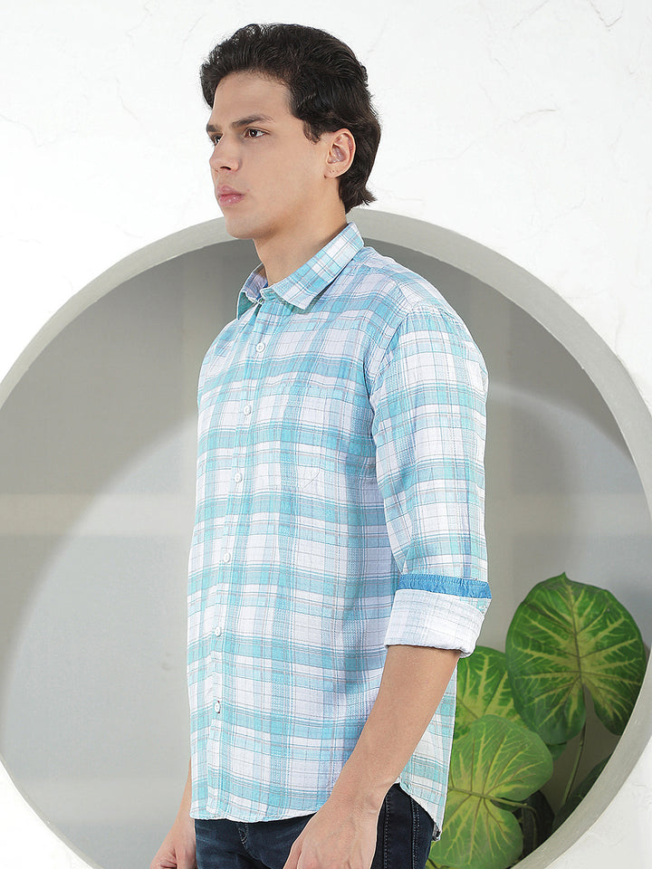 SEA GREEN CHECKED SLIM-FIT CASUAL SHIRT