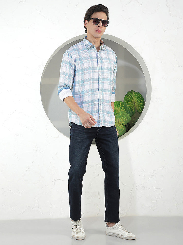 SEA GREEN CHECKED SLIM-FIT CASUAL SHIRT
