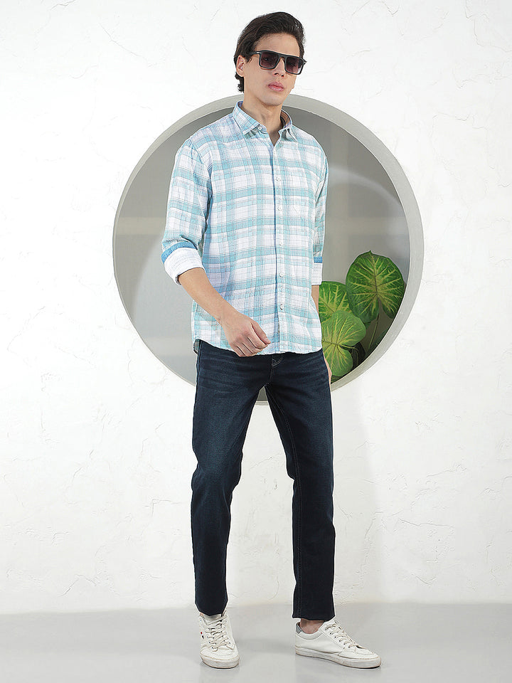 SEA GREEN CHECKED SLIM-FIT CASUAL SHIRT