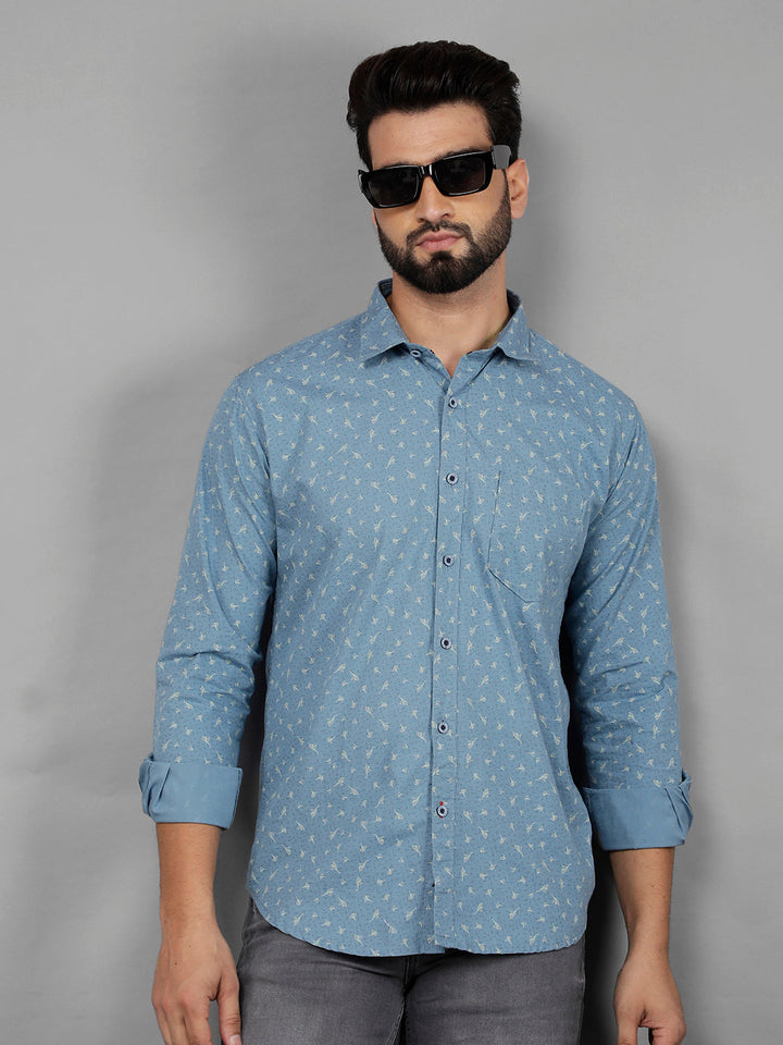 COBB TEAL BLUE PRINTED SLIM-FIT CASUAL SHIRT