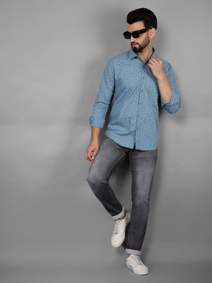 COBB TEAL BLUE PRINTED SLIM-FIT CASUAL SHIRT