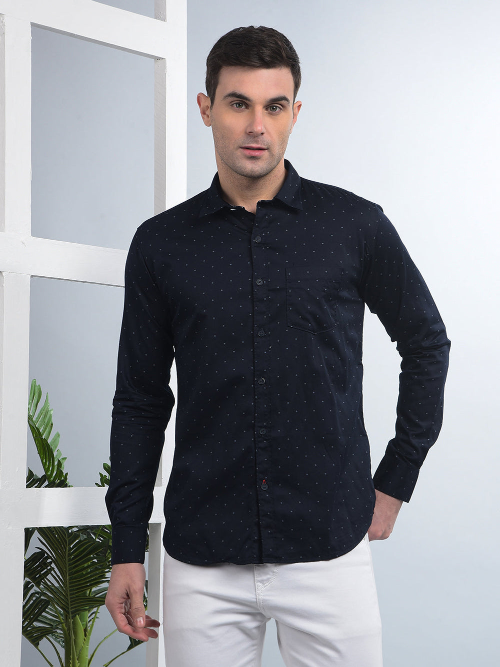 cobb navy blue printed slim-fit casual shirt