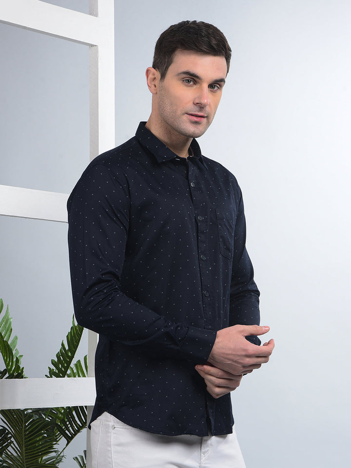 COBB NAVY BLUE PRINTED SLIM-FIT CASUAL SHIRT