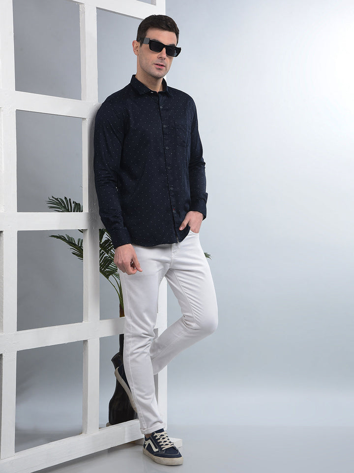 COBB NAVY BLUE PRINTED SLIM-FIT CASUAL SHIRT