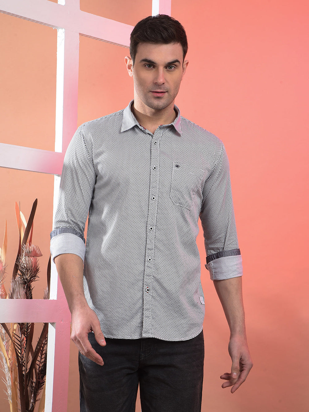 cobb black self-design slim-fit casual shirt