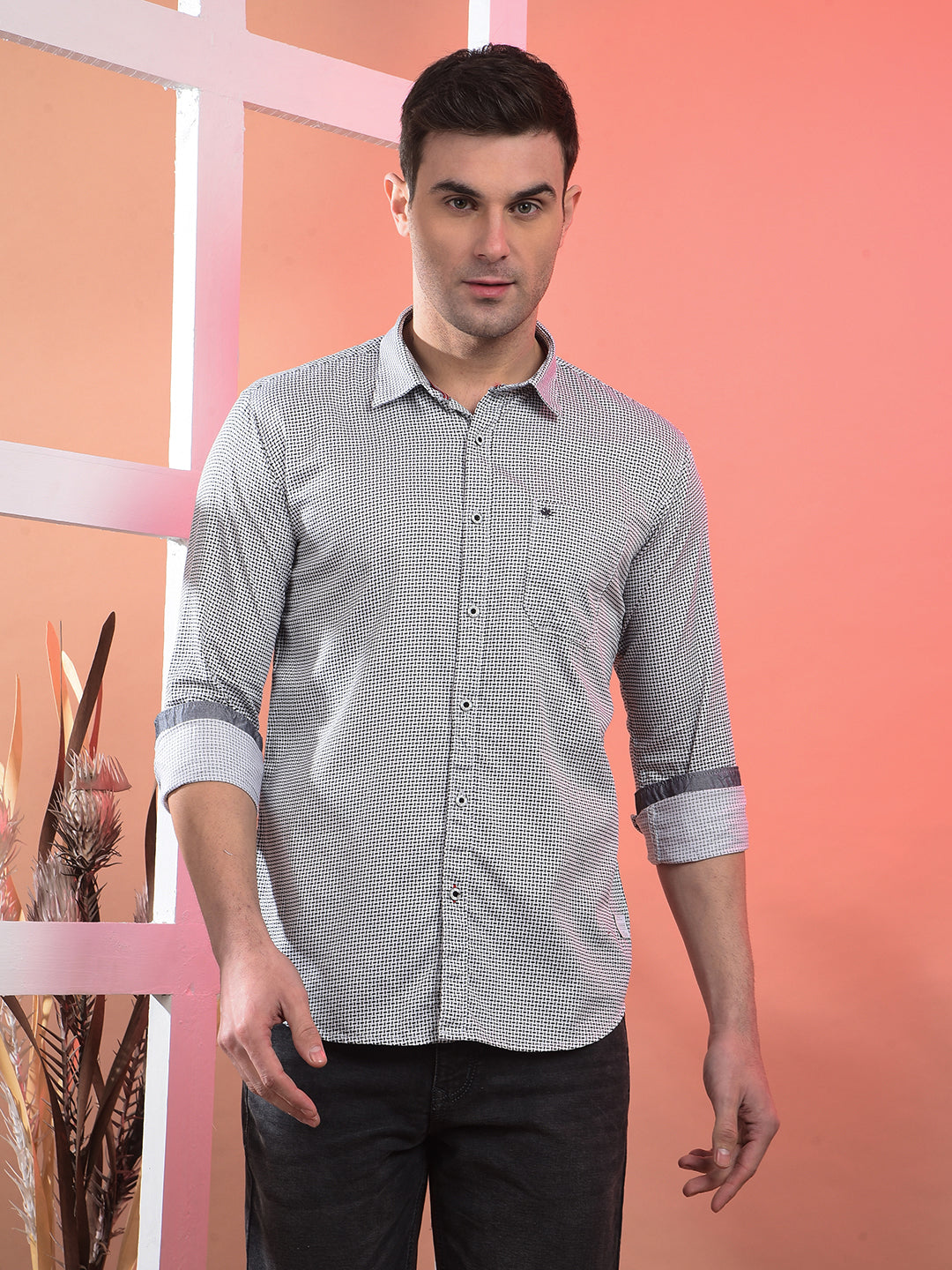 cobb black self-design slim-fit casual shirt