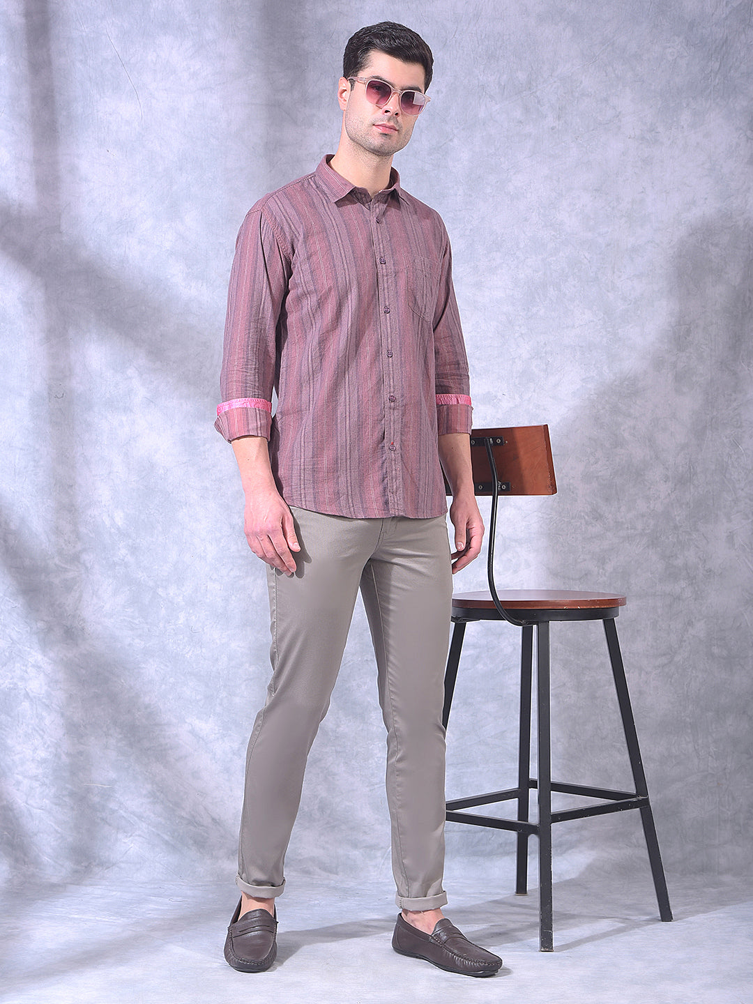 COBB MAROON STRIPED SLIM-FIT CASUAL SHIRT