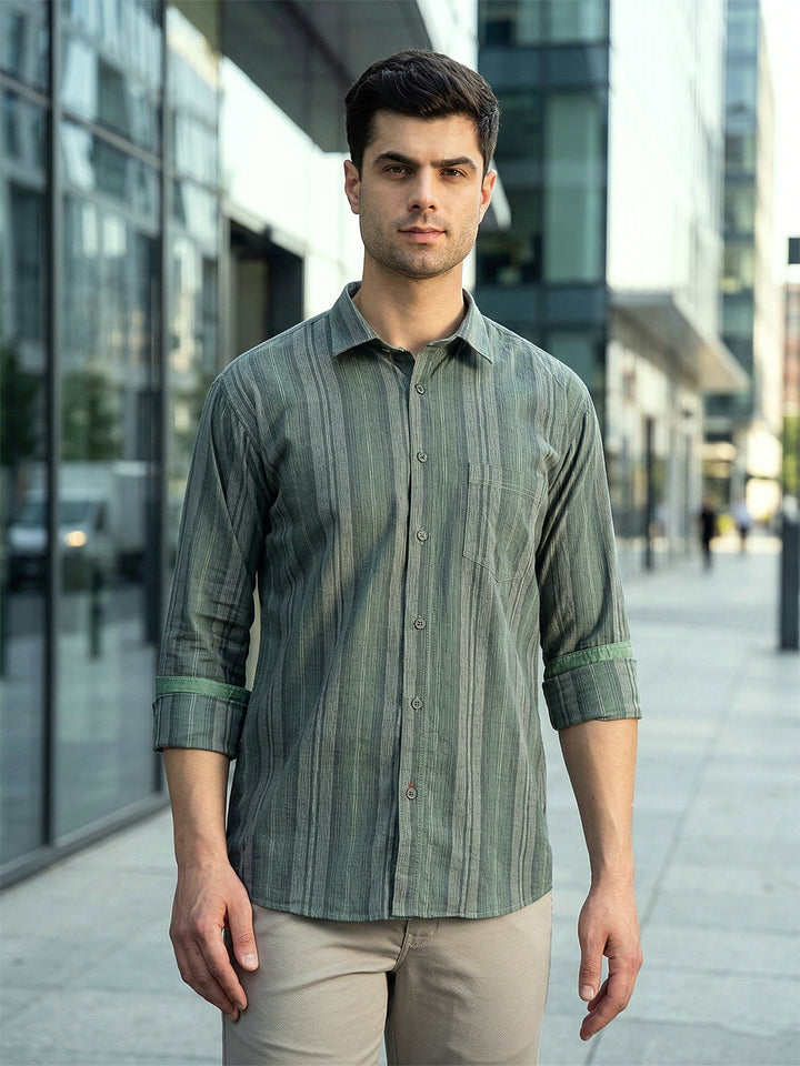 cobb olive striped slim-fit casual shirt
