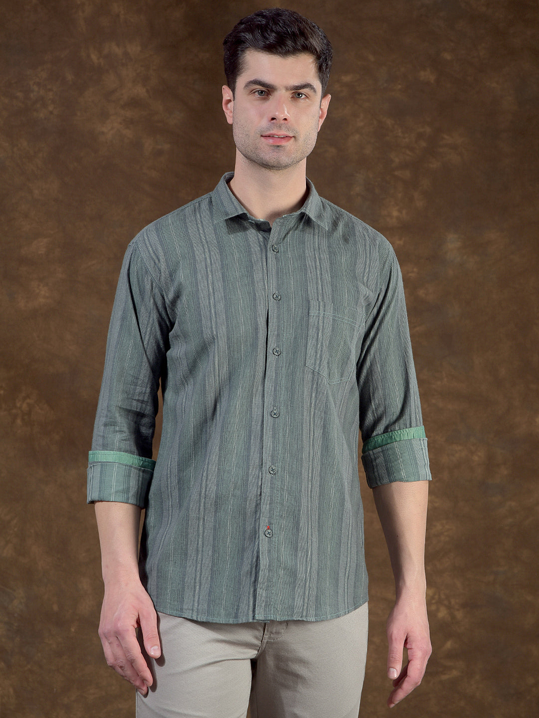 cobb olive striped slim-fit casual shirt
