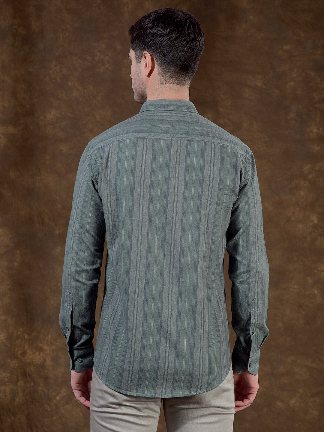cobb olive striped slim-fit casual shirt